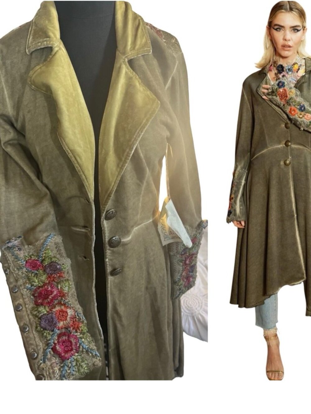Aratta The Heart of Autumn Cotton Button-Down Floral Long Coat Green SZ S M L - Picture 9 of 10